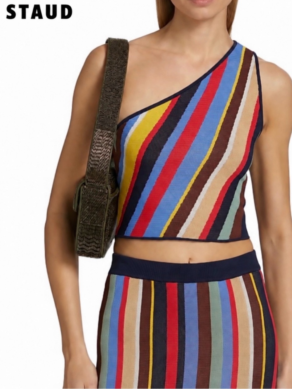 New🌺$125 STAUD Striped One Shoulder Crop Top Multicolor Knit Size L